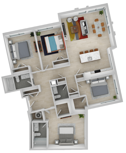 Floor plan for 4 beds, 2 baths, 1415 sqft